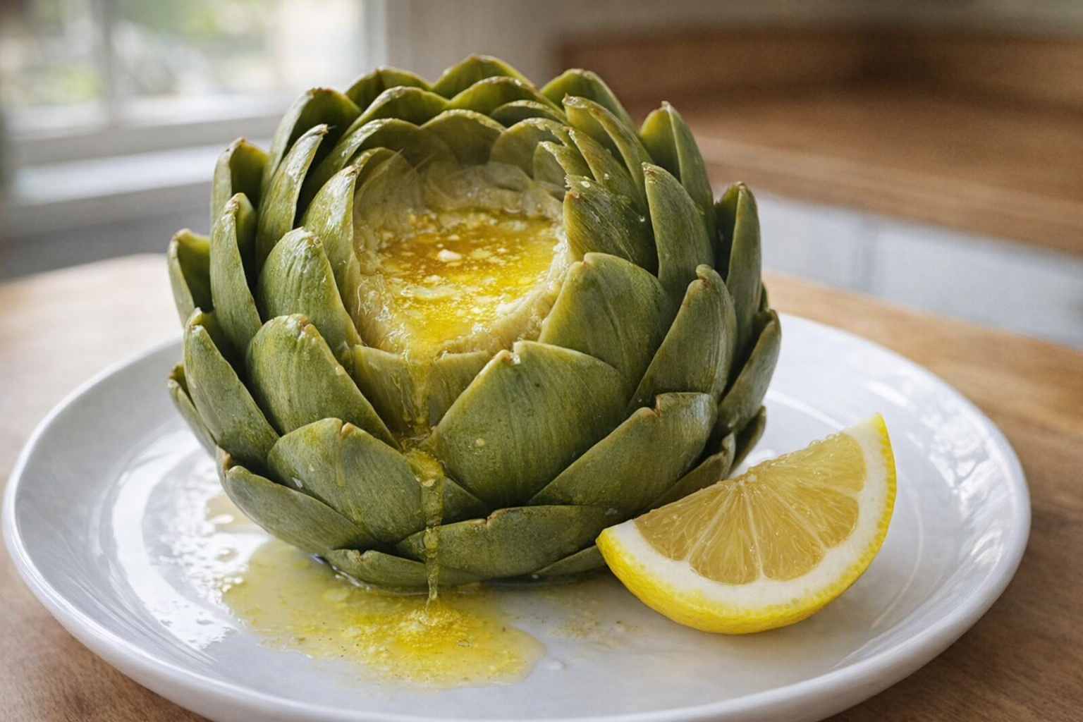 A perfectly steamed artichoke on a white plate, leaves slightly parted to reveal the tender heart, drizzled with melted butter, with a lemon wedge on the side, shot in bright, natural light
